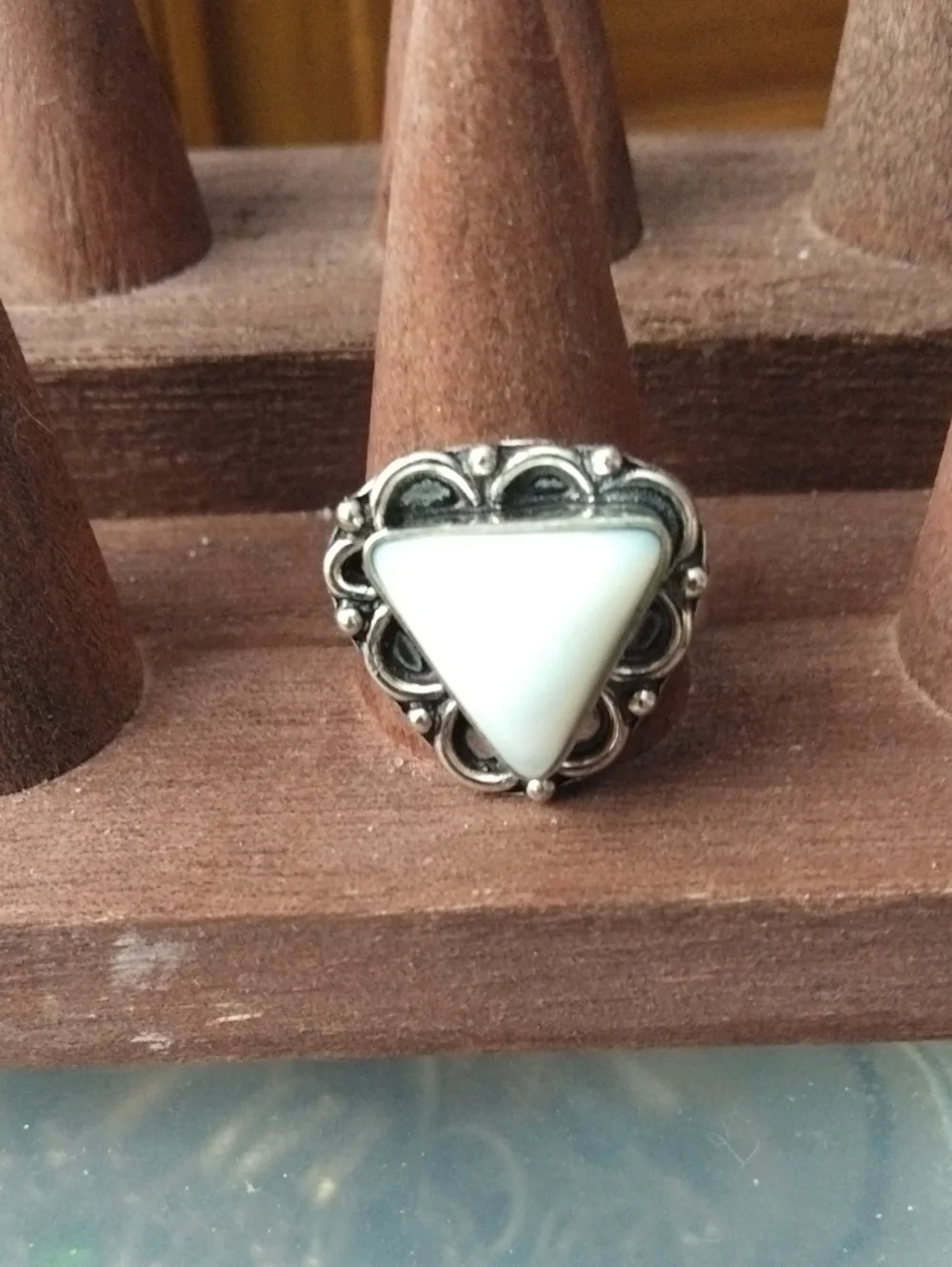 White Agate Triangle Stone Silver Ring